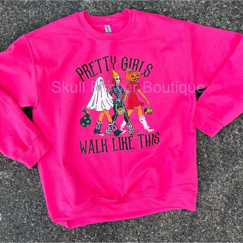 Gildan Pink Halloween Sweatshirt with pretty girls in costumes